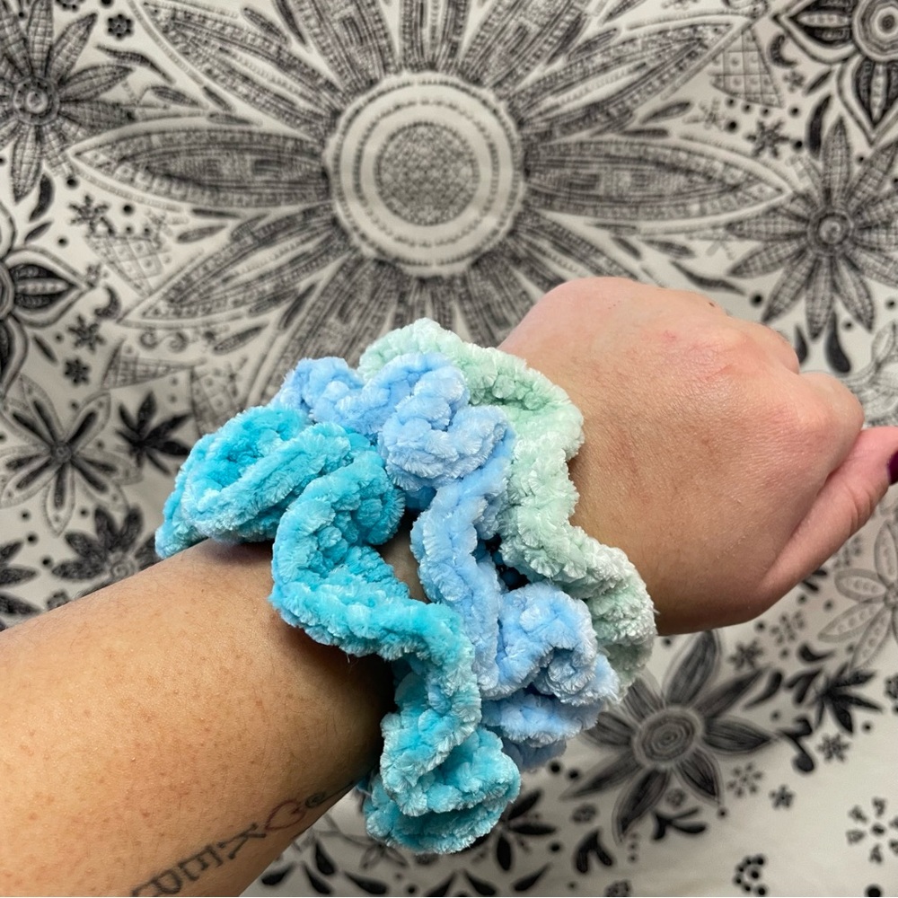 Handmade Crochet Soft Velvet Hair Scrunchie Bundle of 3 Scrunchies Ocean Colors
